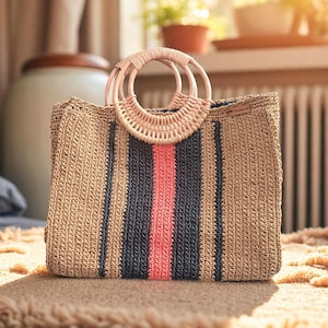 Handmade Multi-Color Crochet Bag | Wooden Handle Tote Bag | Paper Yarn Woven Beach Bag | Unique Gift for Her | Woven Hobo Bag |Unique Summer