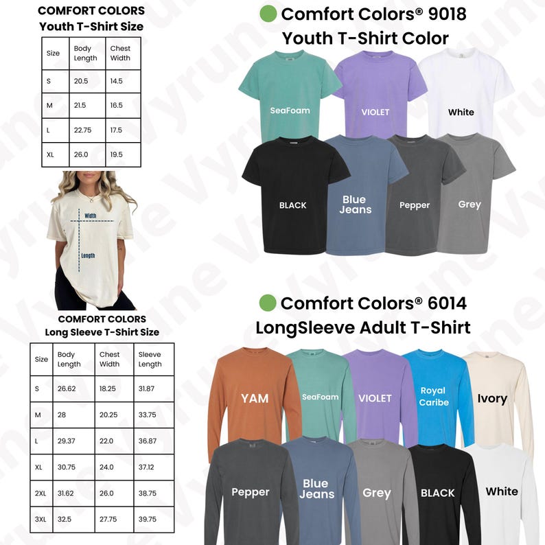 May include: A product image showcasing Comfort Colors t-shirts and long-sleeve shirts in various colors. The image includes size charts for youth and adult sizes, with measurements in inches. Colors include Seafoam, Violet, Black, Blue Jeans, Pepper, Grey, Yam, Royal Caribe, and Ivory.