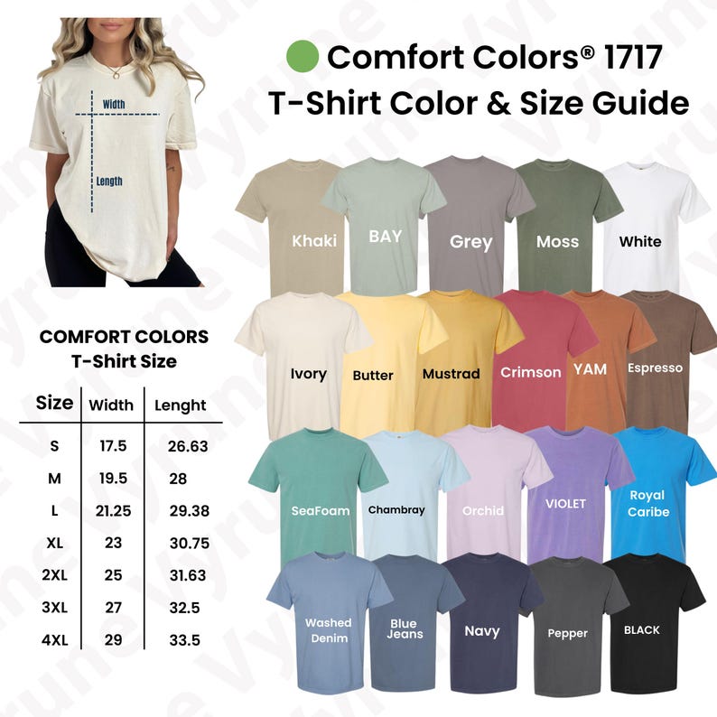 May include: A Comfort Colors 1717 T-shirt color and size guide. The guide displays various t-shirt colors, including Khaki, Bay, Grey, Moss, and White. Size chart shows width and length measurements in inches for sizes S to 4XL.