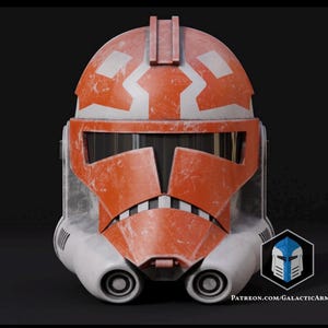 May include: A weathered orange and white clone trooper helmet with a faded paint job. The helmet has a visor and a rectangular mouth grill.