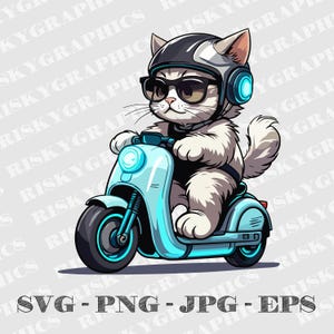 Gato en patinete eléctrico, lindo personaje vectorial, arte lineal, svg, png, jpg, eps, fondo transparente