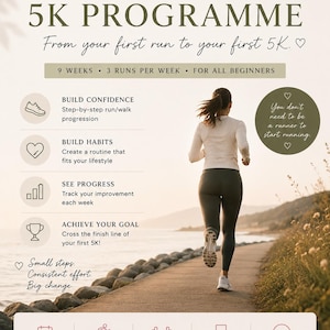 Può includere: Un volantino digitale intitolato The Athlete Method Beginner 5K Programme. Mostra una persona che corre su un sentiero, testo su un piano di 9 settimane, icone di progressione e una sezione inferiore con piano settimanale, guida e tracker dei progressi.