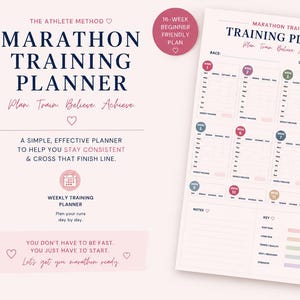 以下が含まれることがあります： 淡いピンクの背景に濃い青色の文字で「The Athlete Method」「Marathon Training Planner」「Plan Train Believe Achieve」と書かれたマラソントレーニングプランナー。16週間のスケジュール表と凡例が含まれています。