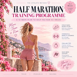 Könnte beinhalten: Ein digitaler Flyer für das The Athlete Method Halbmarathon-Trainingsprogramm, ein 12-Wochen-Plan für 21,1 km. Er zeigt eine Person in pinker Sportkleidung, eine pinke Trinkflasche und Symbole für Wochenpläne, Krafttraining und Ernährungstipps.