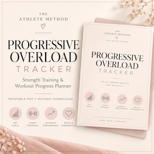 May include: A beige workout planner titled The Athlete Method Progressive Overload Tracker. The document features black text, four circular icons representing goals, progress, performance, and strength, and the phrase Small Improvements, Big Results.