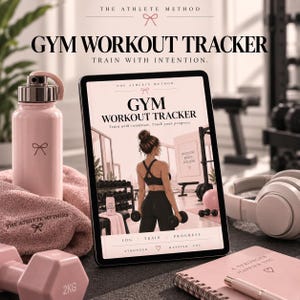 May include: A digital tablet displaying a Gym Workout Tracker, a light pink water bottle, a pink towel, a 2kg dumbbell, and a pink notebook. The screen shows text: The Athlete Method, Gym Workout Tracker, Train with intention, Track your progress.