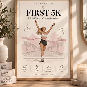 May include: A framed poster titled FIRST 5K featuring an illustration of a runner crossing a finish line with arms raised. The text includes 3.1 miles of determination, small steps big things, proud of you, and discipline creates freedom.