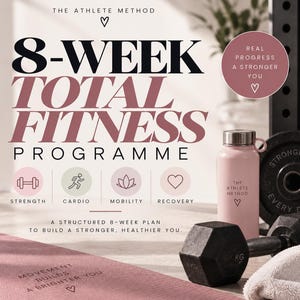 Puede incluir: Un gráfico promocional para The Athlete Method 8-Week Total Fitness Programme con una botella de agua rosa claro, una mancuerna negra y una esterilla de yoga rosa. El texto incluye Strength, Cardio, Mobility, Recovery y frases motivadoras.