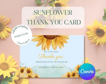 Puede incluir: Una tarjeta de agradecimiento con temática de girasoles con el texto "SUNFLOWER THANK YOU CARD". La tarjeta presenta un diseño de girasol en acuarela y las palabras "Thanks you from our little sunflower". La tarjeta está rodeada de girasoles.