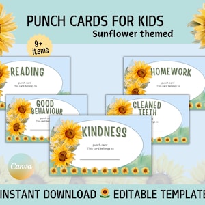 Cartes perforées de récompense imprimables pour enfants, sur le thème du tournesol, cartes perforées modifiables, cartes pour parents et enseignants, cartes de comportement pour enfants, récompense