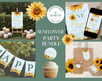 May include: A sunflower-themed party bundle with various designs. Includes a welcome sign, invitations, banners, cupcake toppers, gift tags, and gift bags. The designs feature sunflowers and the text "Olivia's 1st Birthday".