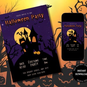 Halloween Haunted House  Party Invitation Template Editable Spooky Canva Template Printable Digital Download