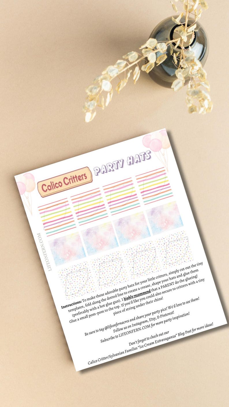 calico critter, sylvanian families birthday party hats for critters template, DIY party hats for critters, calico critters, cute critters party hats