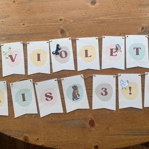 May include: A banner spelling "VIOLET IS 3" with individual pennants. Each pennant has a letter or number, and a corresponding animal illustration. The banner is strung on twine and displayed on a wooden table.