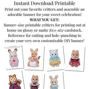 Pode incluir: Banner de animais DIY imprim&iacute;vel. Download instant&acirc;neo, projetado para impress&atilde;o em cart&atilde;o A4. Inclui instru&ccedil;&otilde;es para cortar e perfurar para criar um banner personaliz&aacute;vel.