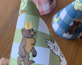 Little Bear Party Hat Template Printable, Gingham Bear Birthday Decor, Instant Download Party Hats, Blue Pink Green