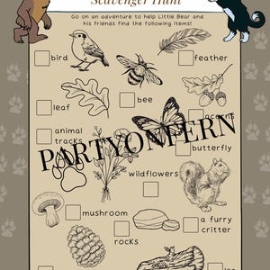 May include: A beige scavenger hunt game with illustrations of a bird, bee, butterfly, and other nature items. The text "Little Bear Adventure Scavenger Hunt" is at the top, with checkboxes for each item.