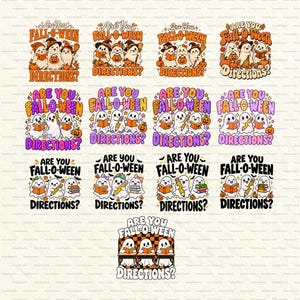 May include: A collection of thirteen graphic designs featuring cartoon ghosts reading books and holding pencils, with the text 'ARE YOU FALL-O-WEEN DIRECTIONS?' in various color palettes including orange, purple, and black on a light background.