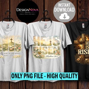 Puede incluir: Tres camisetas con diseños religiosos. Dos camisetas blancas presentan el texto «Ha resucitado» con una cruz y elementos florales. La camiseta negra tiene un diseño de cruz con el mismo texto. Las camisetas están colgadas en perchas negras.