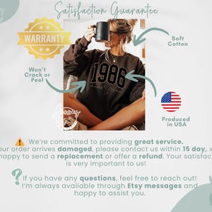 May include: A brown sweatshirt with the year "1986" in black lettering. The image includes text that says "Satisfaction Guarantee", "Warranty", and "Produced in USA". A black mug is held up.