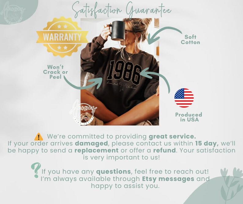 May include: A brown sweatshirt with the year "1986" in black lettering. The image includes text that says "Satisfaction Guarantee", "Warranty", and "Produced in USA". A black mug is held up.