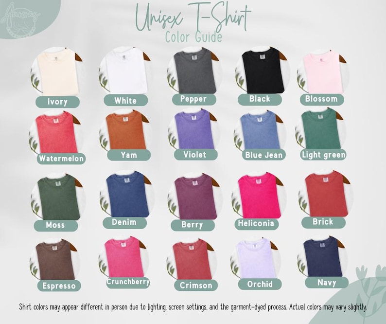 May include: A colour guide for unisex t-shirts, displaying various colours such as ivory, white, black, and navy. The image shows the t-shirts in a grid, with each colour labelled. The text "Unisex T-Shirt Color Guide" is at the top.