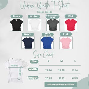 May include: A graphic showing a colour guide for Unisex Youth T-shirts in black, white, dark heather grey, red, navy, true royal, and pink. A size chart shows width and length measurements in inches for sizes S, M, and L.