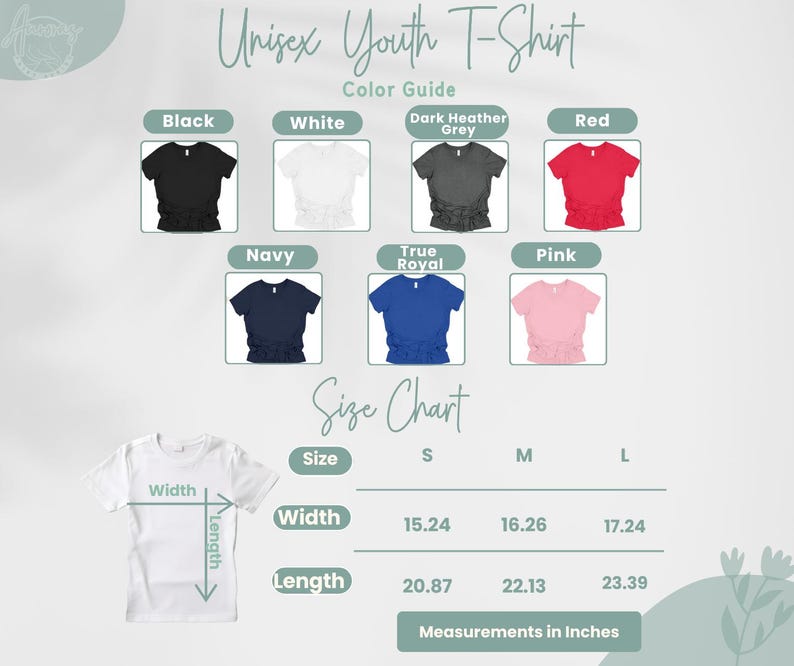 May include: A graphic showing a colour guide for Unisex Youth T-shirts in black, white, dark heather grey, red, navy, true royal, and pink. A size chart shows width and length measurements in inches for sizes S, M, and L.