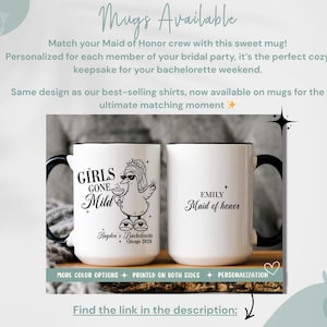 May include: White ceramic mugs with black handles and rims. One mug features a cartoon duck with sunglasses and the text "GIRLS GONE MILD". The other mug says "EMILY Maid of honor". Text on the mugs includes "Hayden's Bachelorette Chicago 2026".