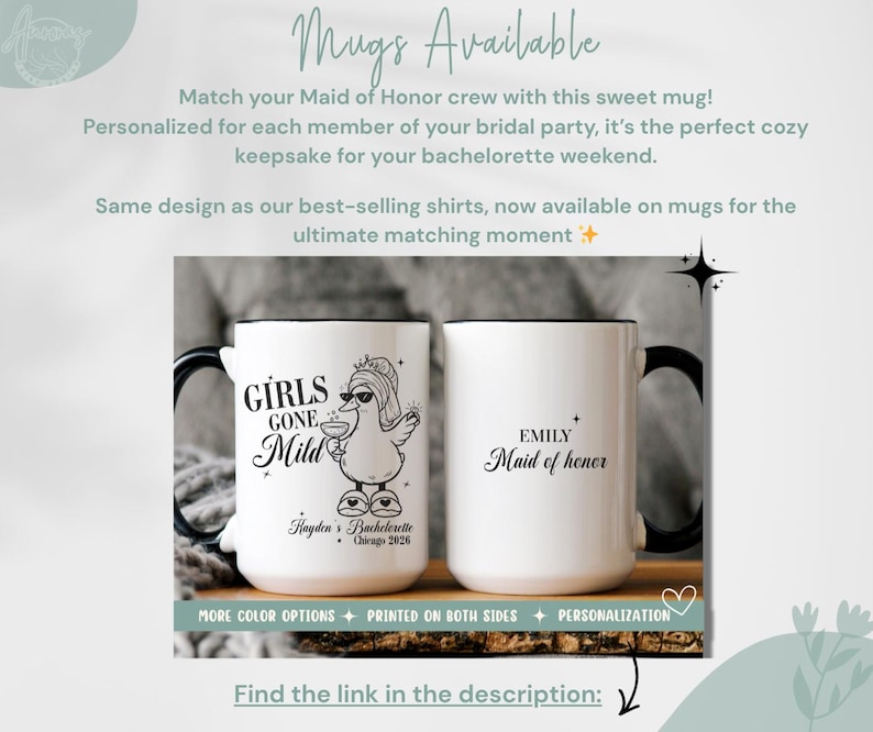 May include: White ceramic mugs with black handles and rims. One mug features a cartoon duck with sunglasses and the text "GIRLS GONE MILD". The other mug says "EMILY Maid of honor". Text on the mugs includes "Hayden's Bachelorette Chicago 2026".