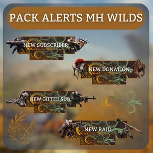 Peut inclure: Quatre alertes animées pour un flux en direct, mettant en vedette un nouvel abonné, un nouveau don, un nouvel abonnement offert et un nouveau raid. Chaque alerte a un fond or et vert avec un design stylisé et un monstre de la série de jeux vidéo Monster Hunter.