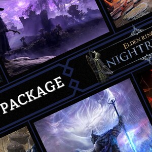 Peut inclure: Image promotionnelle pour le pack de streaming "Elden Ring: Nightreign". La conception présente diverses scènes de jeu avec une bordure bleu foncé et noire. Le texte "STREAM PACKAGE" est bien en évidence.