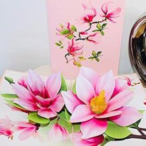 Carte pop-up fleurs de magnolia, voeux 3D fait main pour toutes les occasions, pensée à vous, merci, rétablissement, sympathie, fête des enseignants