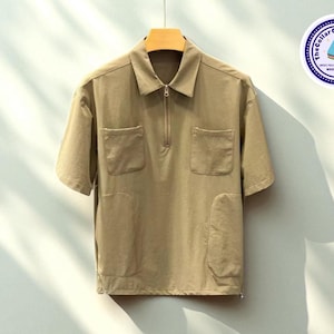 Quarter Zip Polo Shirt for Men | Short Sleeve Pullover Tee with Touch Pocket | Casual Spread Collar Top | Lightweight Streetwear Look