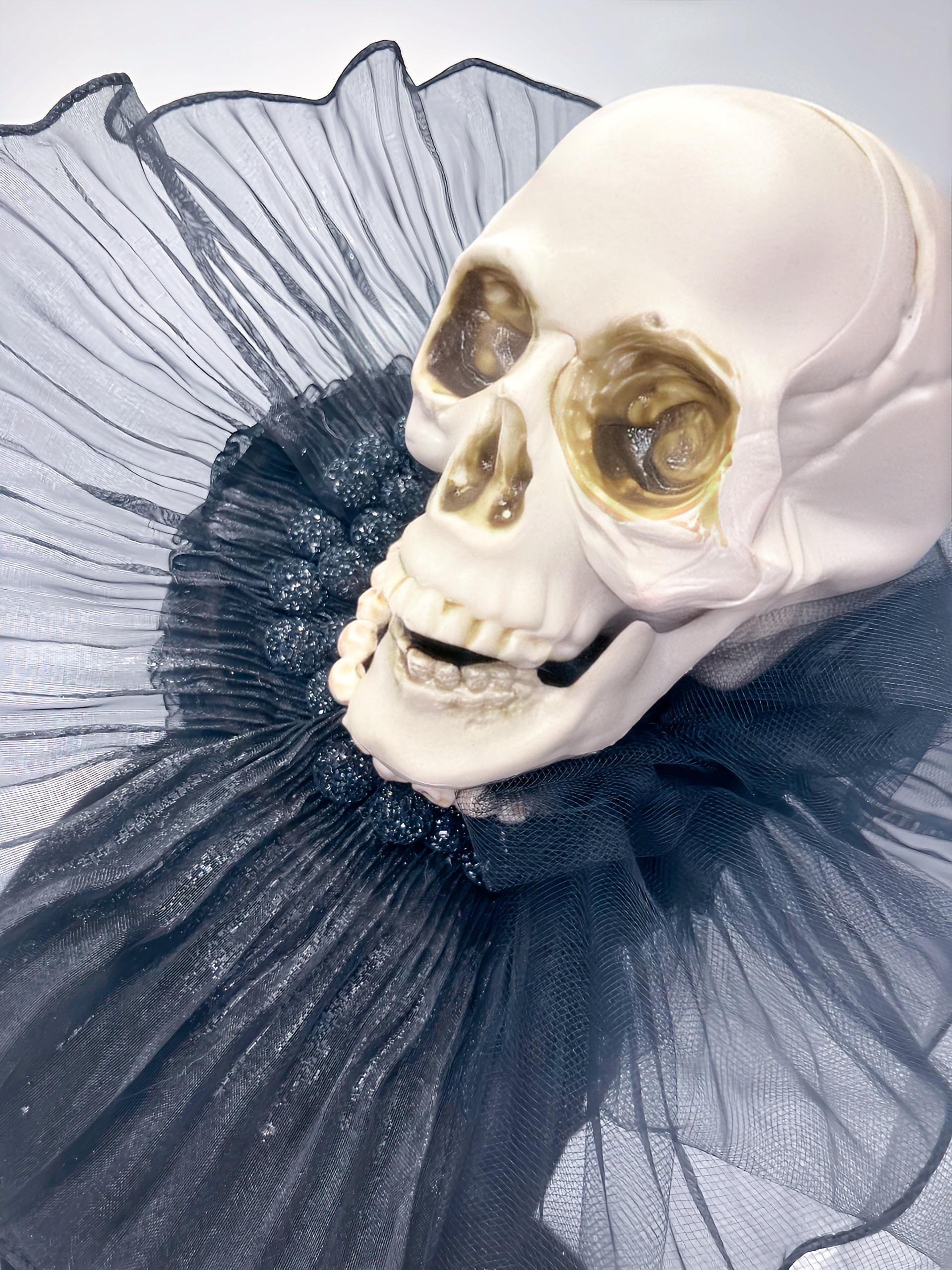 Skull Black Sheer Ruffled Statement Hat fascinator and matching dog Collar Gothic Skull Fascinator & Matching Dog Collar Halloween  main image 3