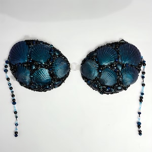 Seashell Bra Top, Dark Teal Black Scallop Shells, Crystal Beading and Chain Fringe