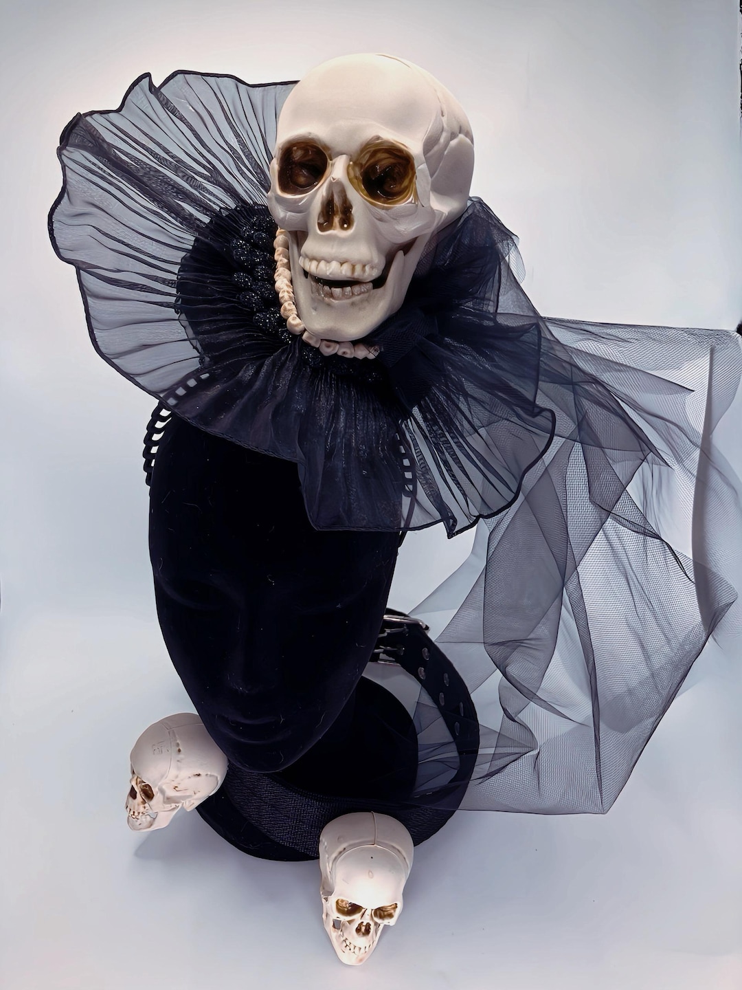 Skull Black Sheer Ruffled Statement Hat fascinator and matching dog Collar Gothic Skull Fascinator & Matching Dog Collar Halloween  main image 4
