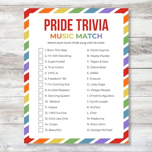 以下が含まれることがあります： 虹色のボーダーが付いた、カラフルなプライドトリビアゲームシート。「PRIDE TRIVIA MUSIC MATCH」のテキストが上部にあり、曲とアーティストのリストが下にあります。このゲームは、象徴的なプライドソングをアーティストと一致させるように設計されています。