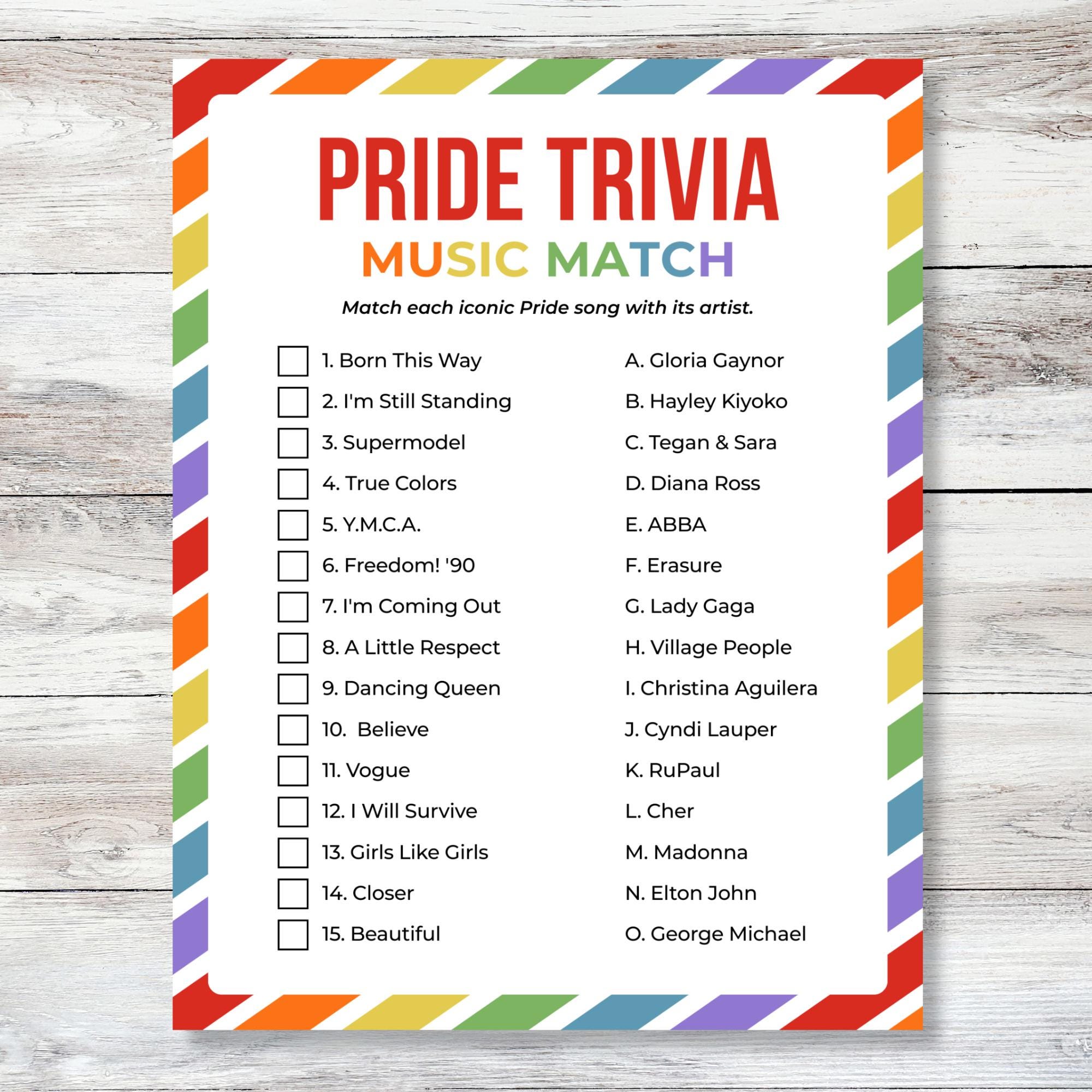 Pride Month Music Trivia Game, Fun Pride Quiz, LGBTQ+ Printable Party ...