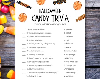 May include: A Halloween-themed candy trivia game printable with colorful candy illustrations. The game features a list of candy clues to match with the correct candy names. The text "PRINTABLE BY DREAMYMIMIDESIGN" is at the bottom.