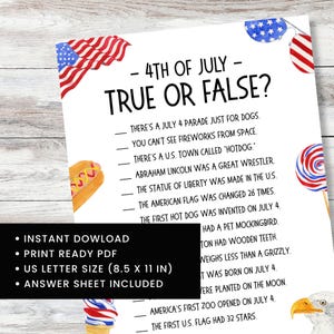 4. Juli Trivia Spiel, druckbares USA True oder False Quiz, Familienaktivität am 4. Juli, Partyspiel am 4 Bild 2