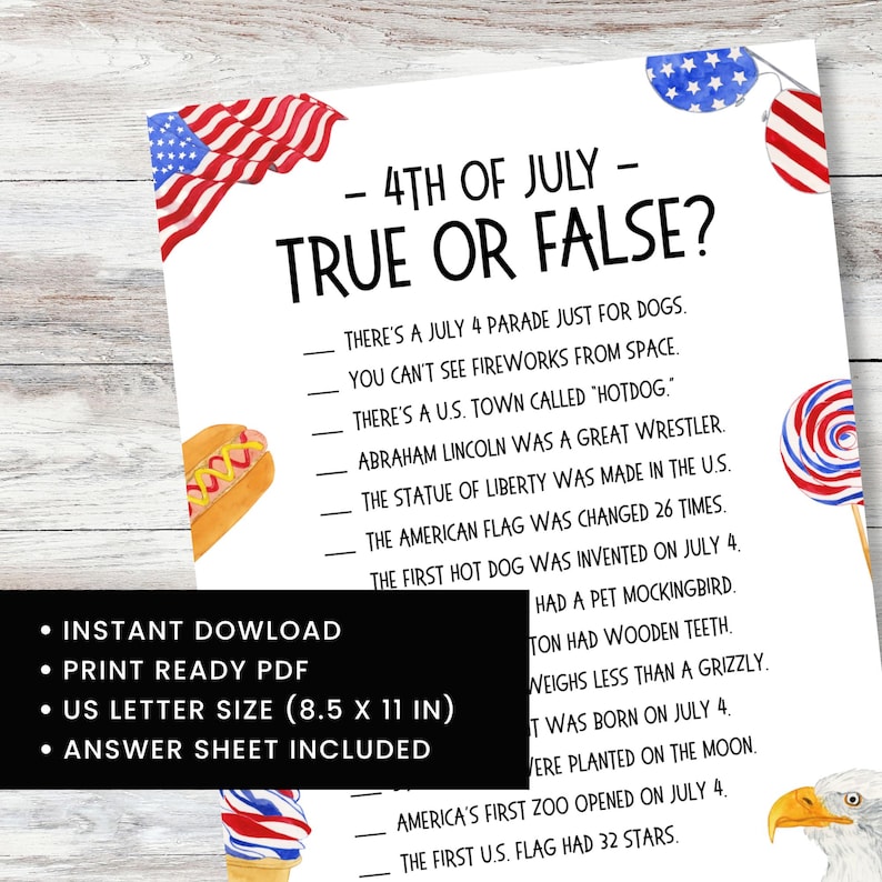 4. Juli Trivia Spiel, druckbares USA True oder False Quiz, Familienaktivität am 4. Juli, Partyspiel am 4 Bild 2