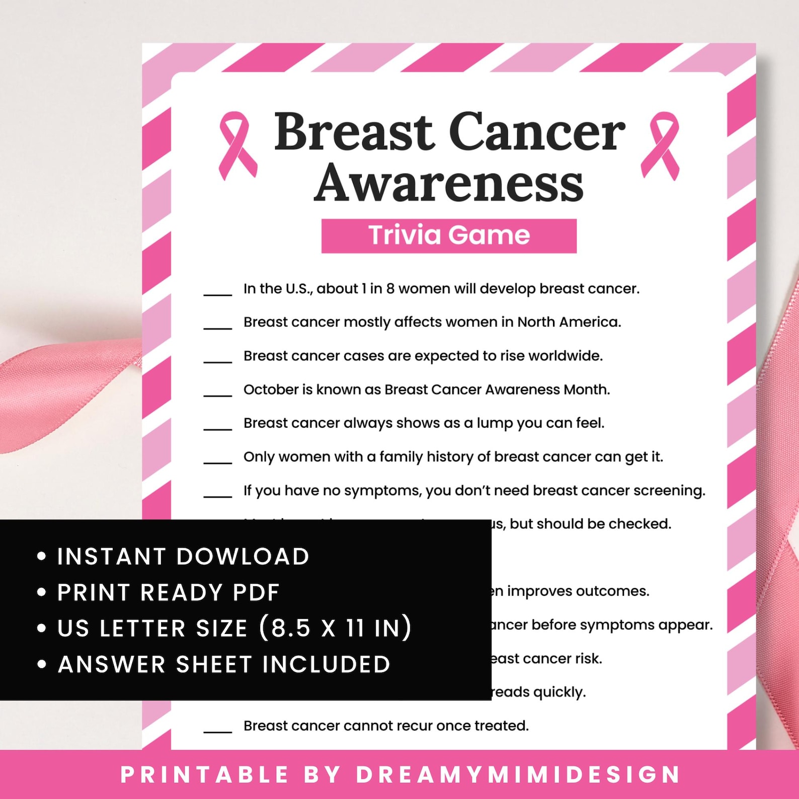Breast Cancer Awareness Trivia | Printable Awareness Month Activity for ...