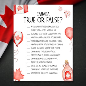 Puede incluir: Una hoja blanca con el texto "- CANADÁ - ¿VERDADERO O FALSO?" y preguntas sobre Canadá. La hoja tiene ilustraciones de hojas de arce y globos rojos, y una ilustración de botella. La bandera canadiense está en el fondo.