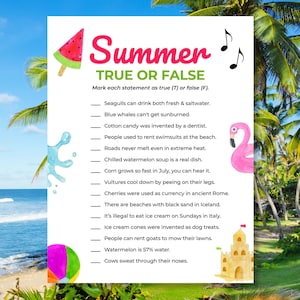 Summer Trivia Game Printable | Fun Summer Party Game for Families, Kids, Beach, BBQ, Pool, Classroom, Birthday | True or False Summer Quiz