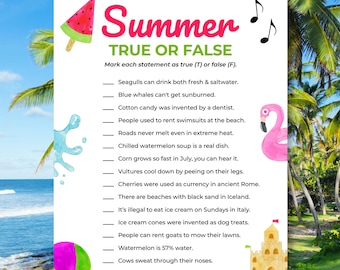 Sommer Trivia Spiel druckbar | Fun Sommer Party Spiel für Familien, Kinder, Strand, Grillen, Pool, Klassenzimmer, Geburtstag | Richtig oder falsch Sommer Quiz