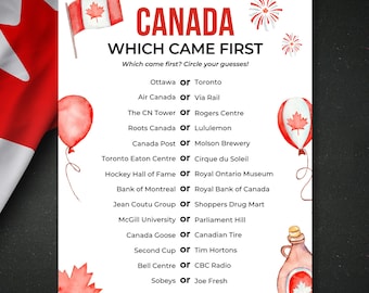 Gioco a quiz stampabile per la Festa del Canada, "Qual è il Canada che è nato prima?", gioco per feste in famiglia per la Festa del Canada, attività educativa per tutte le età.