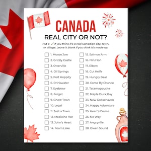 Puede incluir: Un juego de preguntas titulado "CANADA REAL CITY OR NOT?" en papel blanco, con ilustraciones de la bandera canadiense, globos de hojas de arce y fuegos artificiales. El juego presenta una lista de nombres de lugares canadienses con casillas de verificación.