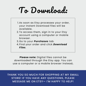 K&ouml;nnte beinhalten: Eine wei&szlig;e Informationsgrafik mit schwarzem Text unter der &Uuml;berschrift To Download. Sie listet vier Schritte zum Zugriff auf digitale Dateien &uuml;ber einen Computer oder mobilen Browser auf und weist darauf hin, dass Dateien nicht &uuml;ber die Etsy-App ladbar sind.