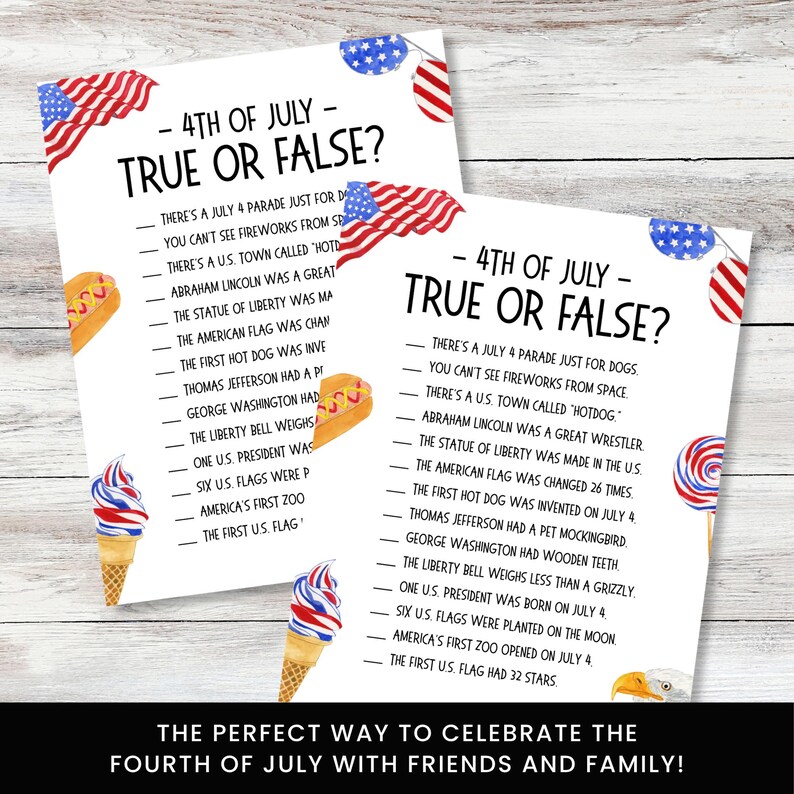 K&ouml;nnte beinhalten: Zwei wei&szlig;e Spielbl&auml;tter aus Papier mit der &Uuml;berschrift 4th of July True or False in schwarzer Schrift, mit Aquarellillustrationen von amerikanischen Flaggen, Hotdogs, rot-wei&szlig;-blauen Eiswaffeln, Luftballons, einem Lutscher und einem Adlerkopf.